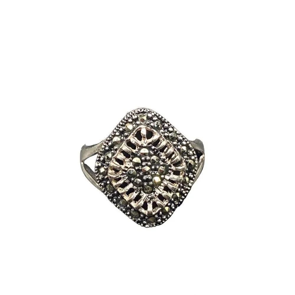 Sterling Silver 925 Marcasite black spinel ring open work weave size 7